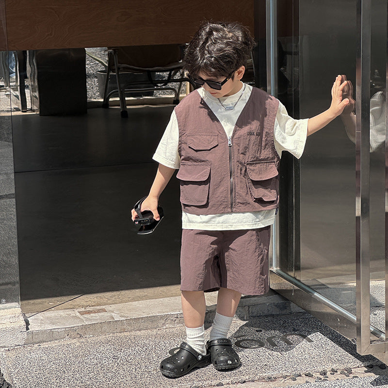 Amo Beibei children's 2024 summer vacation two-piece workwear vest shorts suit trendy boy retro literary two-piece suit