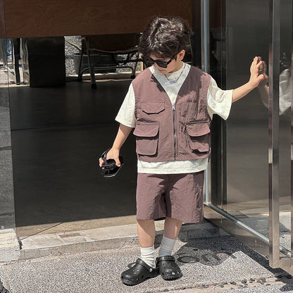 Amo Beibei children's 2024 summer vacation two-piece workwear vest shorts suit trendy boy retro literary two-piece suit