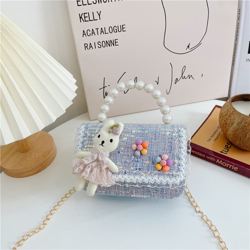 Children's Bags Fashion Chanel Style Chain Bag Princess Pearl Handbag Trendy Children Cute Doll Single Shoulder Small Square Bag