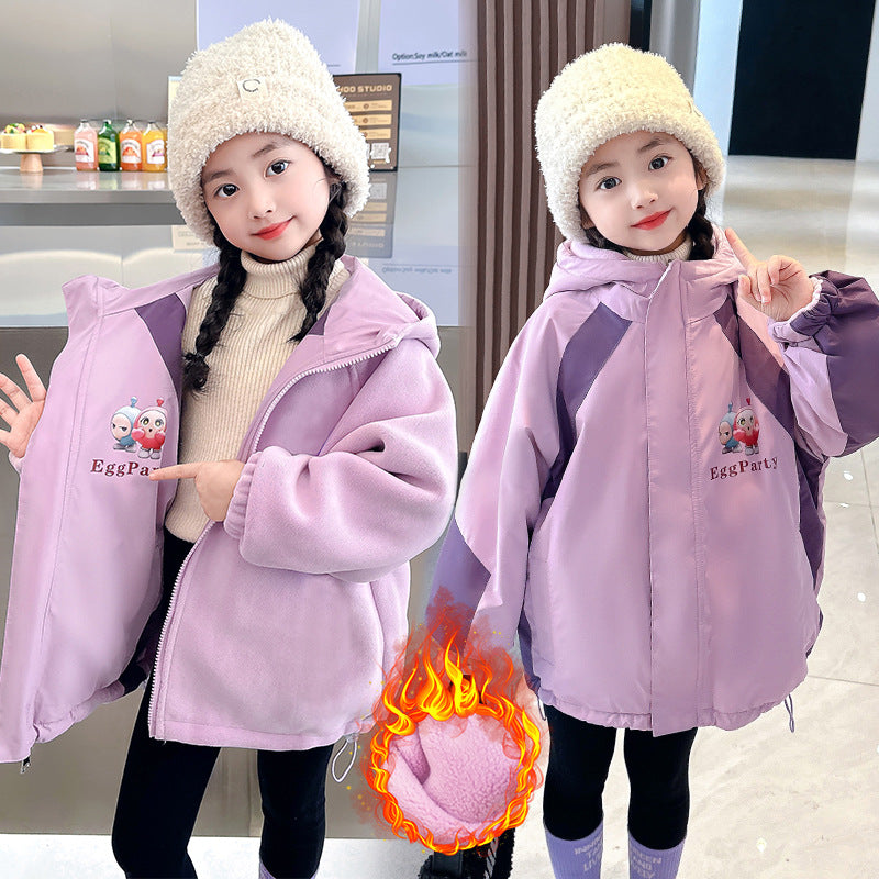 Children's winter clothes plus velvet and thickened jacket for girls three-proof fabric for children and middle children polar fleece jacket cartoon egg boy