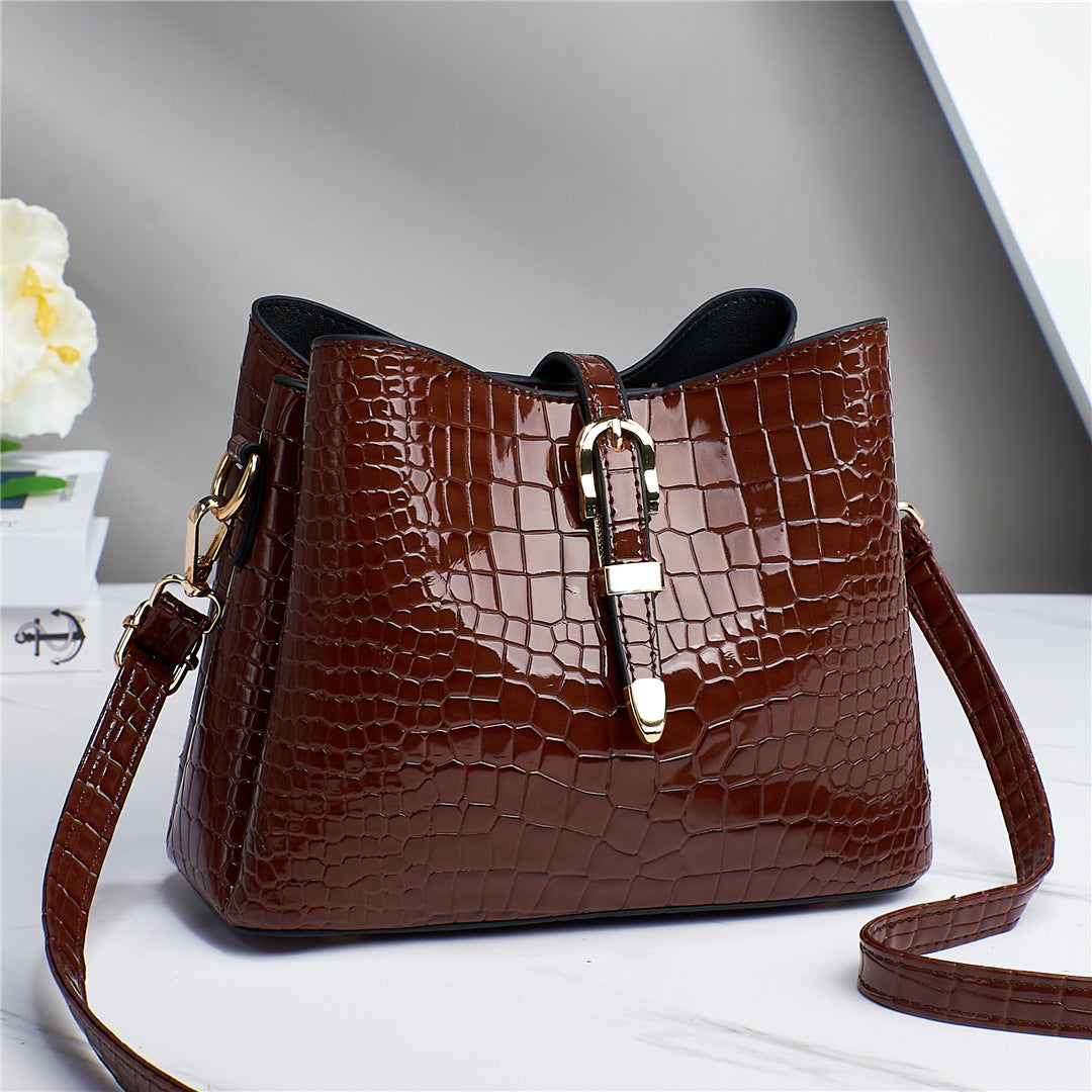 2024 New Style Bright Leather Stone Texture Simple and One-Shoulder Portable Cross-Border Large Capacity Bucket Bag for Women