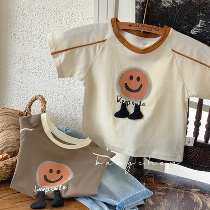 Children's T-shirt Bangcheng 2024 summer new children's clothing three-dimensional feet short-sleeved boys' smiley face short T Korean style trend G0085