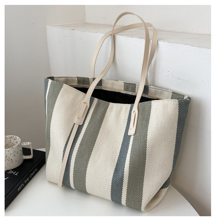 Large capacity striped women's big bag autumn 2024 new trend fashion shoulder bag casual bag hand-held tote bag large bag 