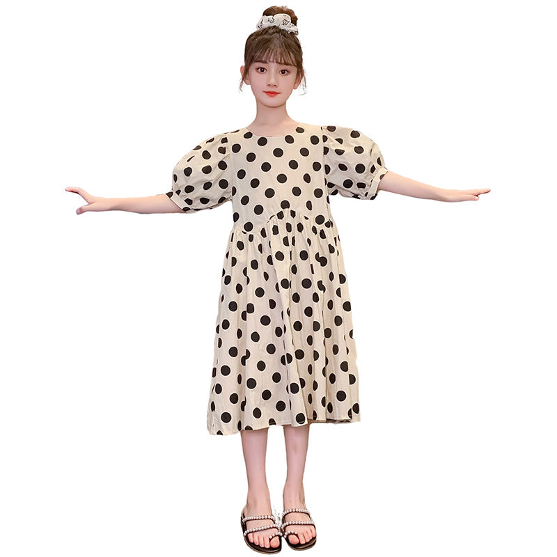 Girls summer polka dot dress polka dot puff sleeves cotton dress for middle and large children pure cotton polka dot Korean style fat wide seaside