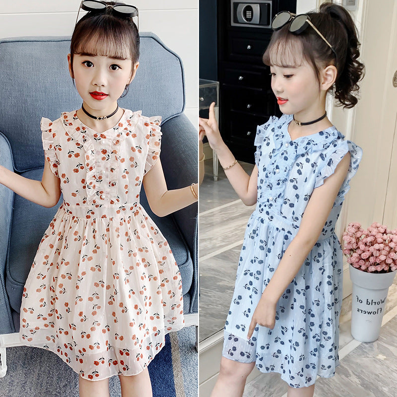 Girls summer chiffon dress 2024 new Korean version children's summer vest dress Western style big children's floral dress