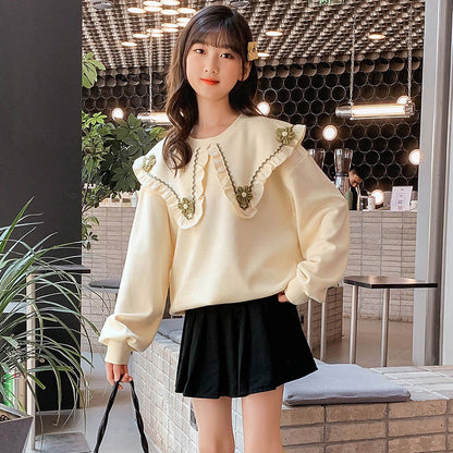 Girls' large lapel college style doll collar wooden ear edge large collar sweater 2024 spring new Korean style flower coat