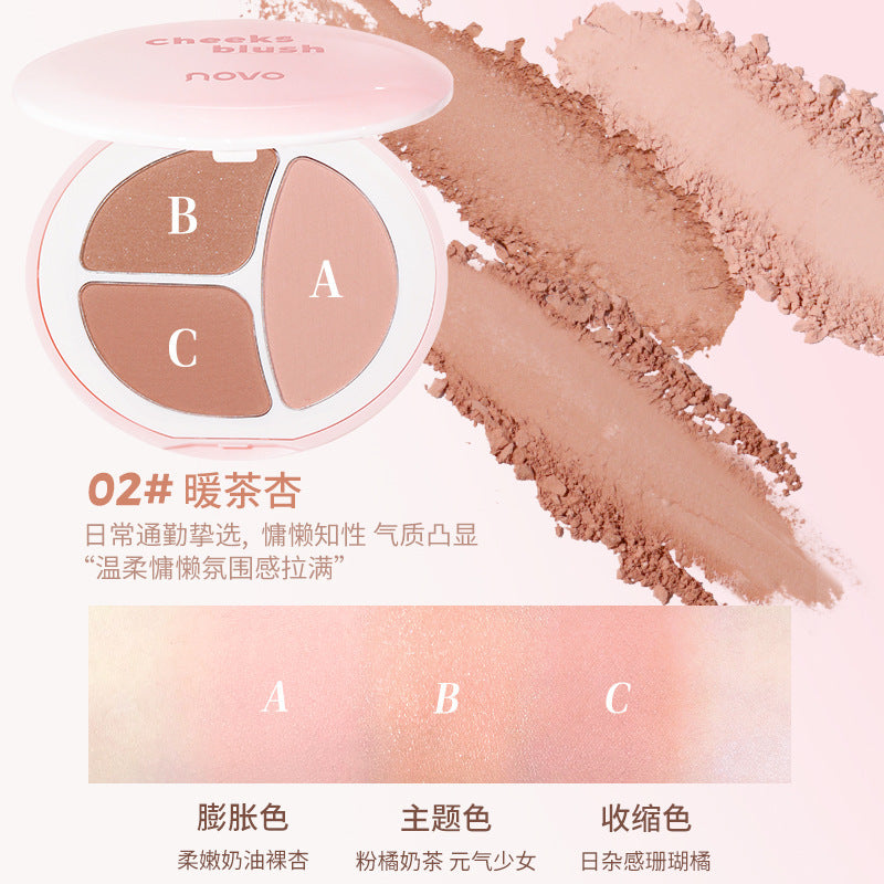 NOVO Emotional Three Color Blush Palette មានម្សៅផាត់ធម្មជាតិ មិនងាយប្រឡាក់ ងាយស្រួលលាប ម៉ត់រលោង ភ្លឺថ្លាបែបធម្មជាតិ។ 