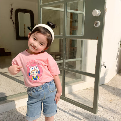 2024 New Girls Short-sleeved T-shirt Summer Children's Korean Style Western Style Pure Cotton Half-sleeved Baby Summer Loose Top