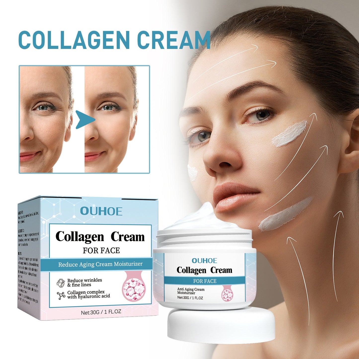 OUHOE Collagen Anti-Wrinkle Cream បំបាត់ស្នាមជ្រីវជ្រួញ ផ្តល់សំណើម បន្តឹងស្បែក ទន់រលោង និងប្រឆាំងភាពចាស់ 