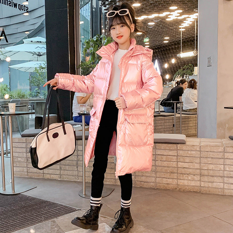 Girls 2024 new cotton-padded winter coat with long waist and skirt, medium and large children's cotton-padded jacket, fat and fashionable