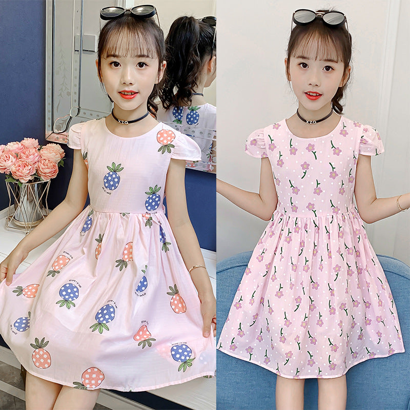 Girls dress 2024 summer new children's stylish printed cotton skirt little girl short-sleeved cartoon vest skirt 