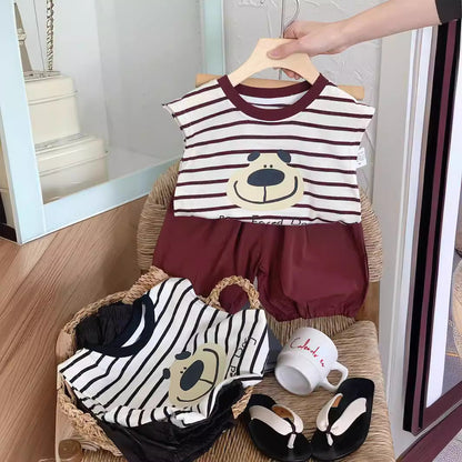 Children's suit Bangcheng 2024 summer striped puppy sleeveless T-shirt boy vest + trousers two-piece suit G0239