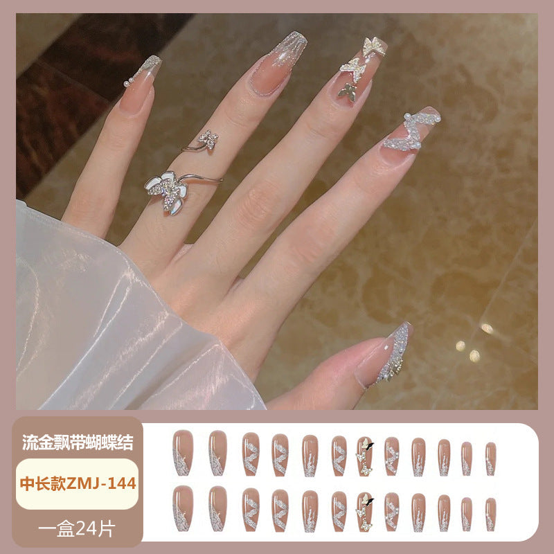 Wearable long nails with diamond powder nail art European and American detachable long finished white European and American style nail stickers