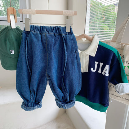 Children's trousers 2023 Bangcheng Spring New Boys and Girls Casual Drawstring Jeans Loose Trousers Trend C0289