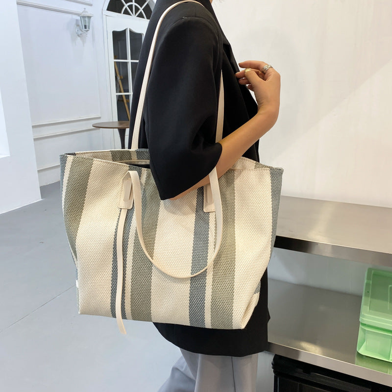 Large capacity striped women's big bag autumn 2024 new trend fashion shoulder bag casual bag hand-held tote bag large bag 