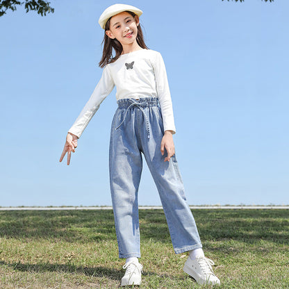 Girls jeans 2024 new spring and autumn children's middle and large children's fashionable long pants loose fashionable pants trend