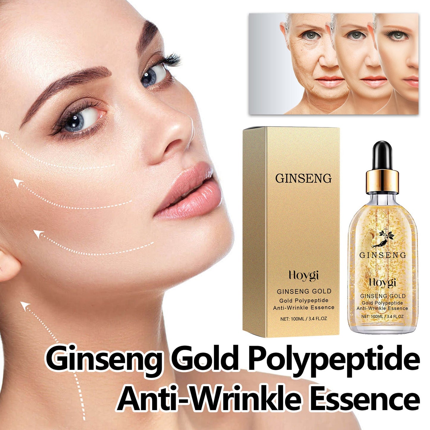 Hoygi Ginseng Gold Polypeptide Anti-Wrinkle Essence ផ្តល់សំណើមយូរអង្វែង ធ្វើអោយប្រសើរឡើងនូវស្នាមជ្រីវជ្រួញ ធ្វើអោយស្បែកទន់រលោង និងផ្តល់សំណើម។ 