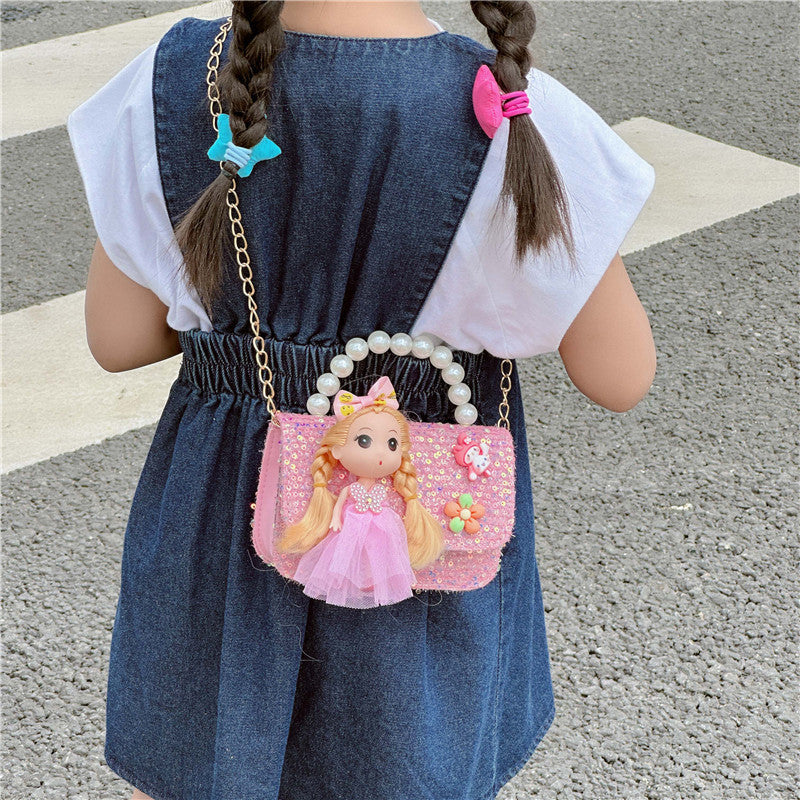 New style children's bag fashion pearl handbag cartoon doll shoulder bag girls chain crossbody bag wholesale 