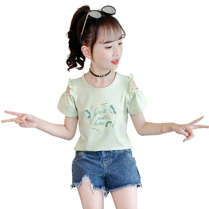 Children's summer short-sleeved T-shirt 2024 new cute printed off-shoulder T-shirt girl's ear-edge cotton top trend