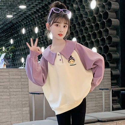 Girls spring and autumn coat new Korean style outer wear for middle and large children kindergarten girls loose elastic coat for college students