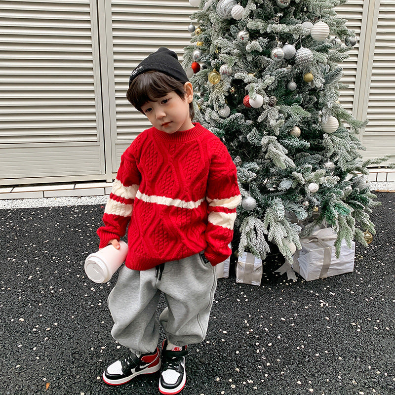 Amo Beibei 2023 Winter Children's Thickened Warm Contrast Color Sweater Boys and Girls Baby Christmas Twisted Sweater