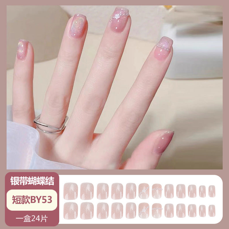 Nail art wearable finished product wholesale medium and long crystal cat's eye aurora broken diamond glass butterfly nail stickers nail piece