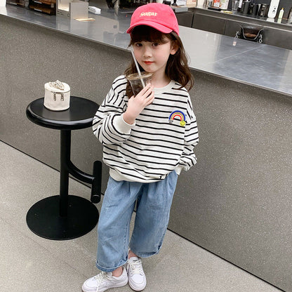 Children's Girls 2024 Spring New Long Sleeve Tops Bottoming Shirt Black and White Striped Printing Colored Cotton Elastic Loose