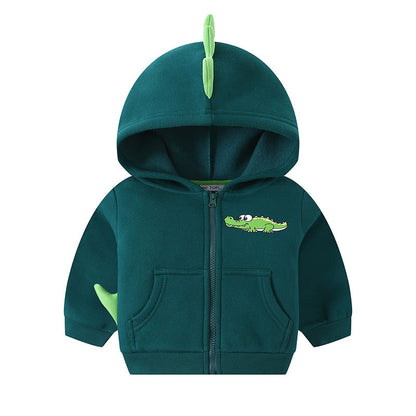 New autumn and winter children's cartoon crocodile sports hooded baby plus velvet jacket boy zipper shirt one piece