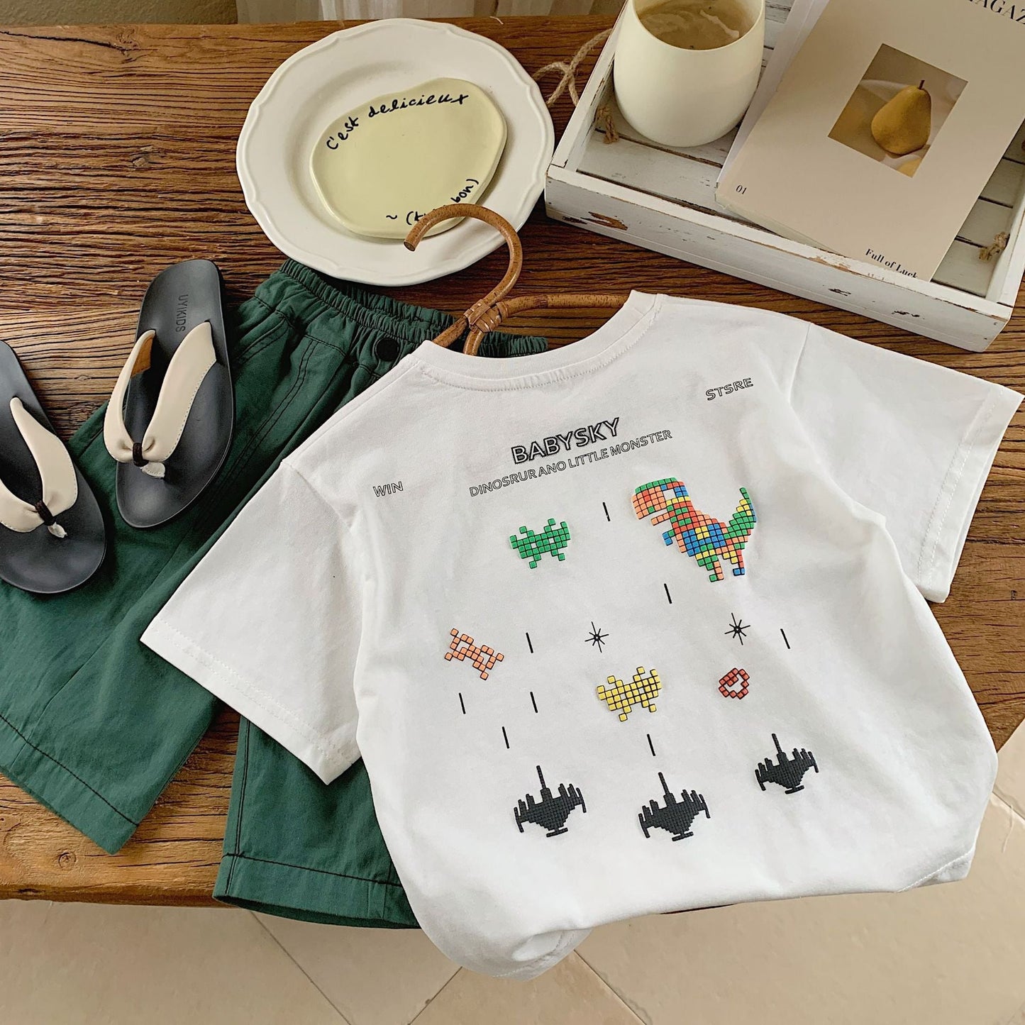 Children's T-shirt Bangcheng 2024 summer new rainbow dinosaur boy short T children's clothing cartoon print short sleeve G0125