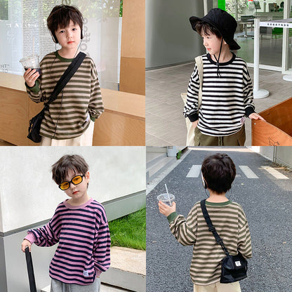 Elmo Beibei Children's 2024 Spring Versatile Striped Bottoming Tops for Boys and Girl Contrast Colored Sweater Loose Sweater Trendy