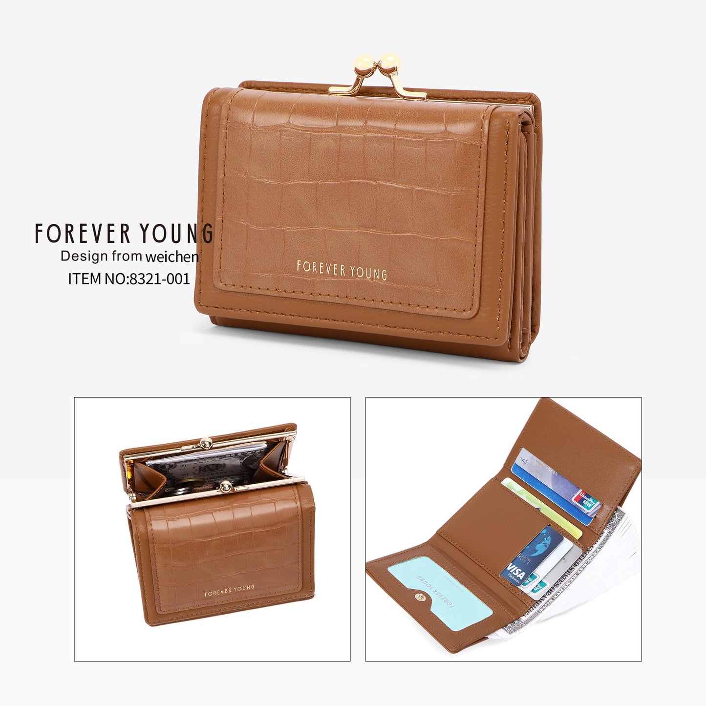 forever young ladies short wallet high-end Korean version pu stone pattern coin purse tri-fold wallet 