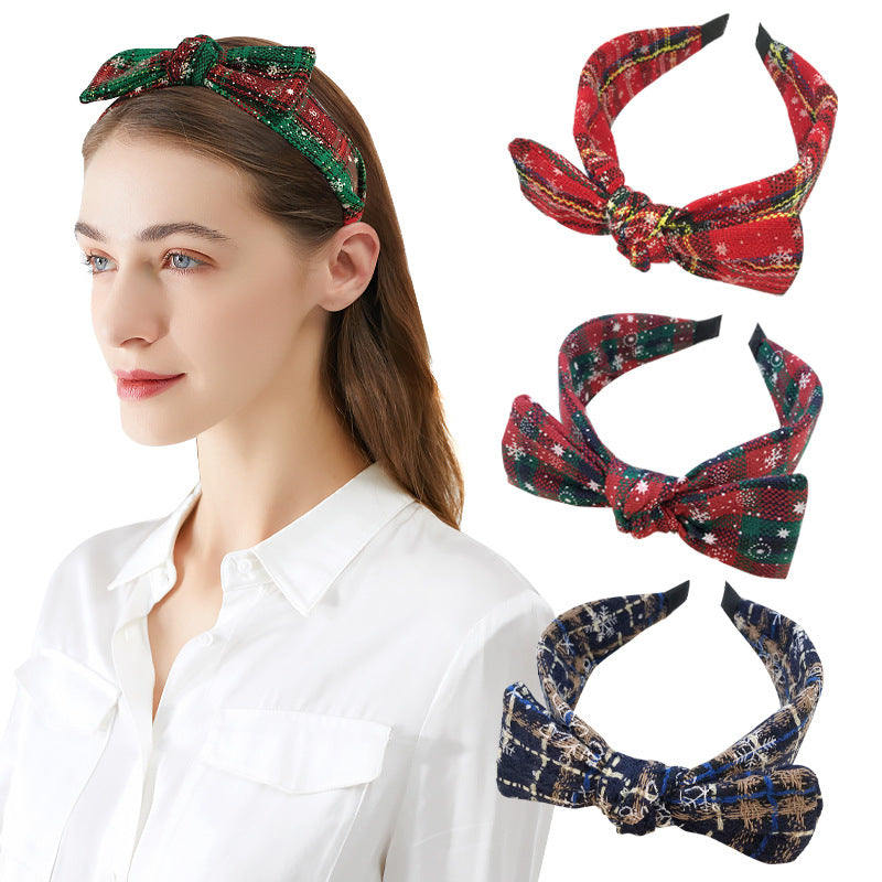 2024 New Christmas Bow Headband Women European and American Retro Plaid Knotted Head Buckle Christmas Headband Hair Cave Women