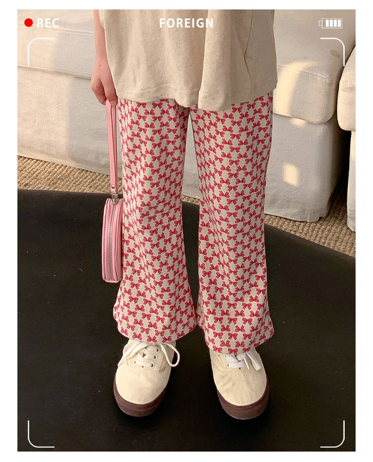 2024 Spring New Korean Version Small and Medium Children Baby Bow Printed Trousers Girls Fashion Elastic Flared Pants