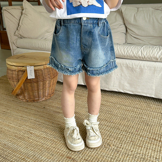 2024 Spring and Summer Boys and Girls Loose Retro Denim Shorts Trendy American Raw Edge Bai Matching Casual Wide Pants Children's Pants