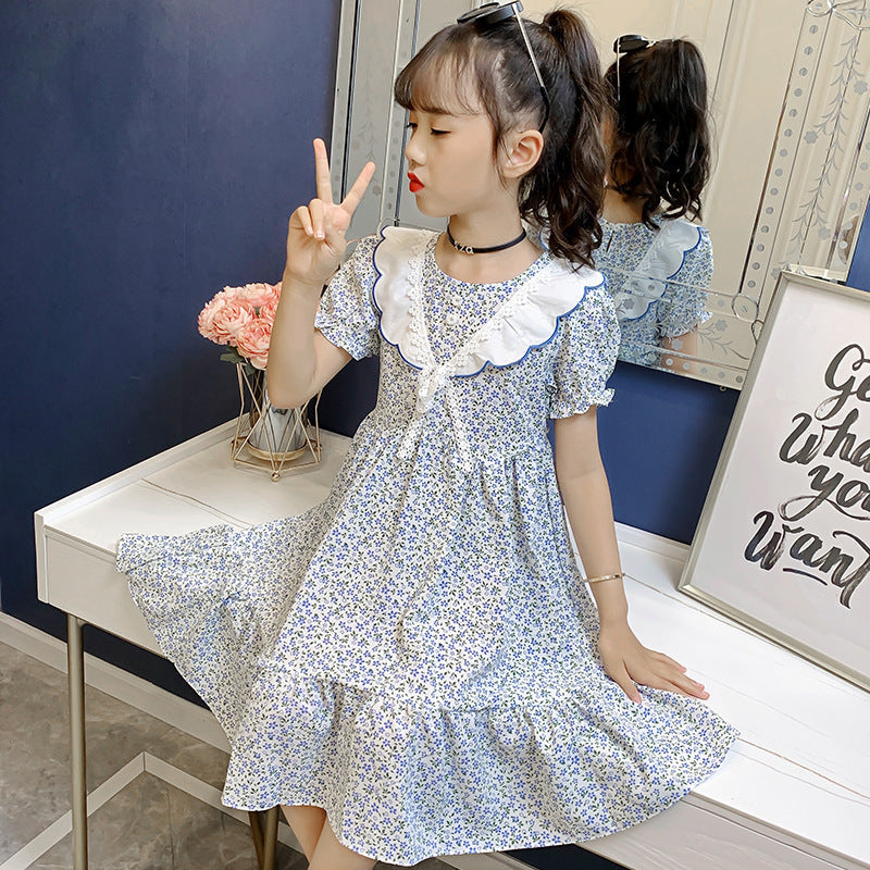 Girls short-sleeved dress 2024 summer new children's chiffon floral dress middle and large children's pastoral style dress