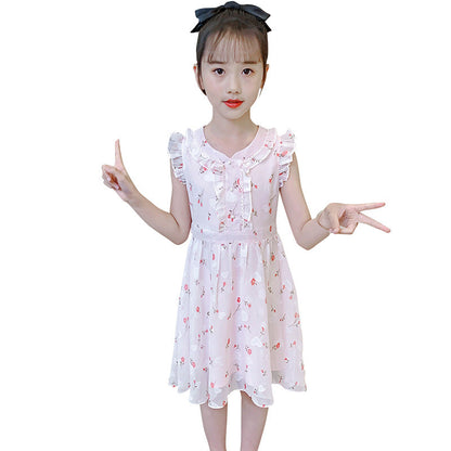 Girls chiffon dress summer 2024 new children's chiffon floral dress fashionable ear-edge flying sleeves princess dress