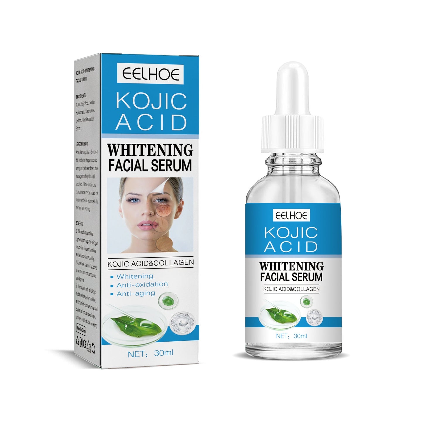 EELHOE Kojic acid whitening facial essence fades fine lines and spots, tightens the face, nourishes the skin, moisturizes the skin 