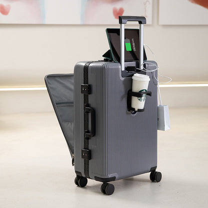 Suitcase with USB interface, front opening trolley case for women, men's fashion cup holder, password suitcase 20 cabin case 