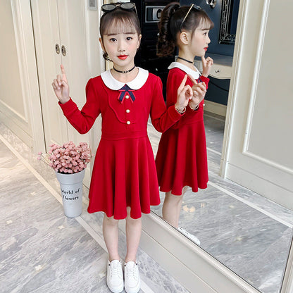 Girls Spring and Autumn Dress 2024 New Style Children's Clothing College Style Doll Collar Long Dress Internet Celebrity Princess Dress