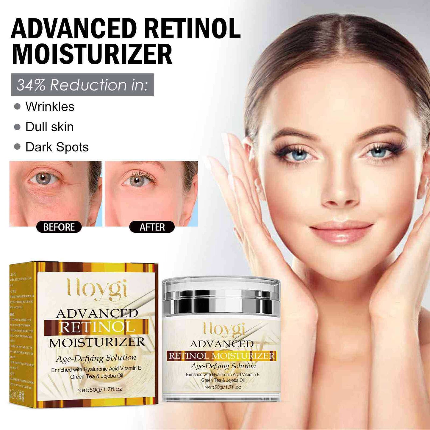 Hoygi Retinol Cream បំបាត់ស្នាមជ្រួញ បន្តឹងស្បែកមុខ ធ្វើអោយស្បែកភ្លឺថ្លា ជួសជុល និងផ្តល់សំណើម 