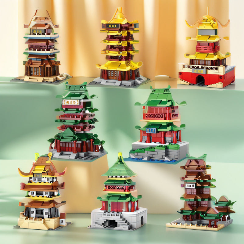 Lele Brothers 8973 Eight Famous Towers Yellow Crane Tower Tengwang Pavilion National Style Street View Building Assembling Building Blocks Toys Wholesale