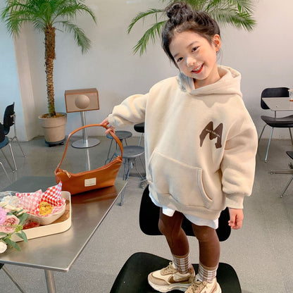 Korean children's clothing 2022 winter new Korean version children's velvet sweater jacket boys and girls hooded printed jacket trendy