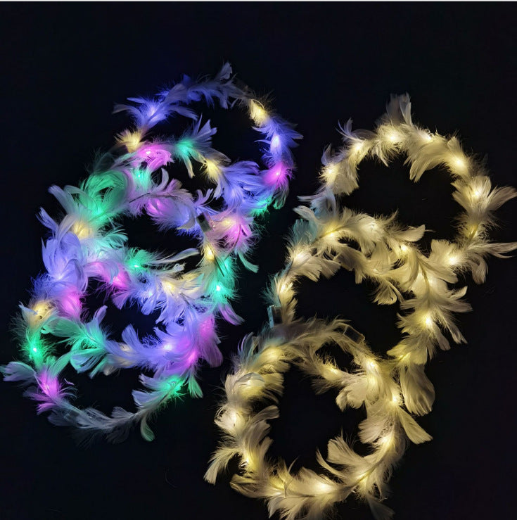 2021 new fairy luminous feather wreath angel goose feather wreath scenic area stall women's flash headdress batch