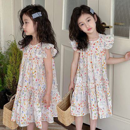 Girls summer dress pure cotton floral pure cotton long dress vest dress flying sleeves Korean style forest series beach vacation