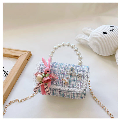 Children's pearl handbag 2024 new cotton and linen small square bag fashionable and cute girls decorative bag messenger bag 