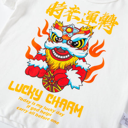 Summer new children's cartoon short-sleeved T-shirt boy Chinese style lion dance good luck pure cotton breathable trendy brand INS