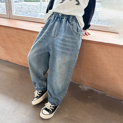 Amo Beibei children's pants 2024 spring boys and girls retro ripped sand-washed cotton jeans baby handsome trousers