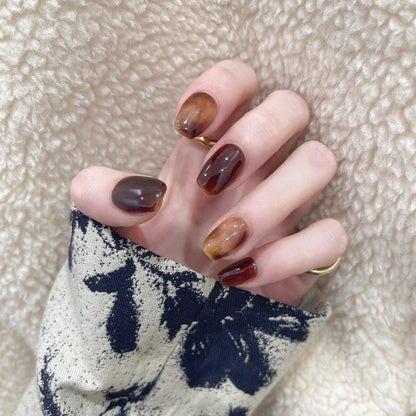 Autumn and winter ins style wear short brown smudge hot girl nail stickers marble nail art nail tips wholesale