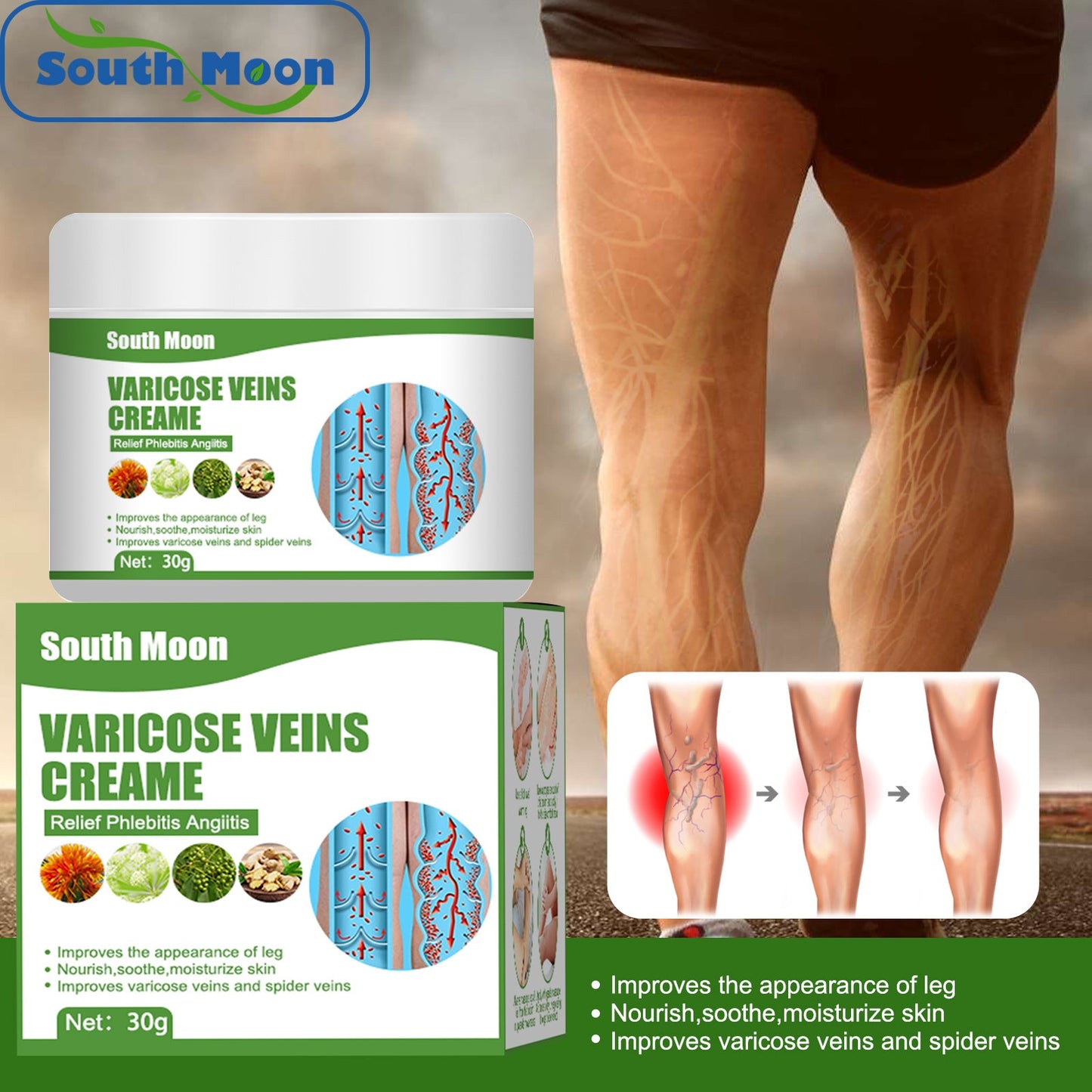 South Moon Varicose Repair Cream Legs Earthworms Leg Veins Relief Pain Leg Care Massage Cream 