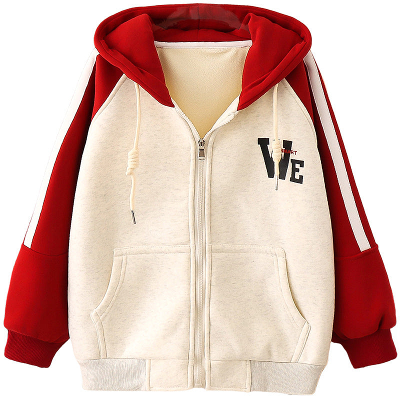 2024 Autumn and Winter Girls Coat Thick Plush Lambswool Hooded Splicing Loose Student Clothes Middle and Large Children Sports